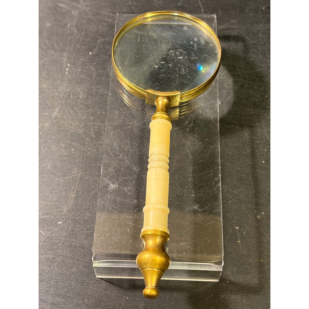 Vintage Brass Handheld Magnifying Glass Cream Turned Handle Large 4 Inch Lens